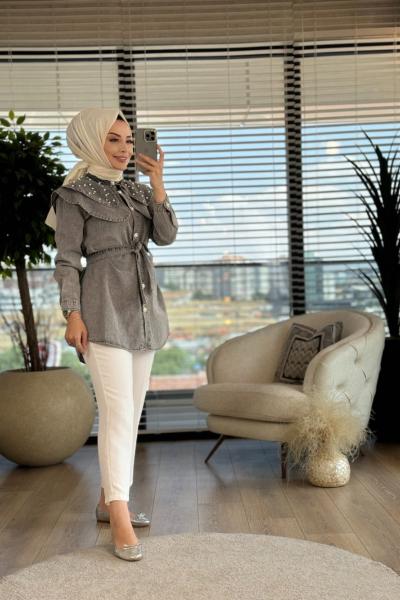 7193 Kot Bebe Yaka Üstü İncili Tunik Antrasit