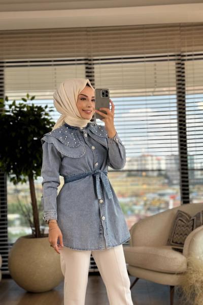 7193 Kot Bebe Yaka Üstü İncili Tunik Mavi