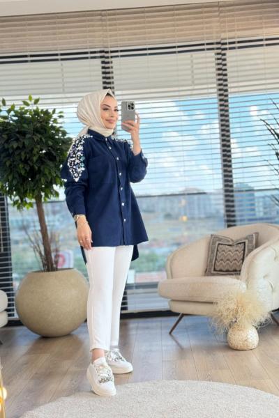 7196 Omuzları Pul Ve İnci İşli Tunik Lacivert