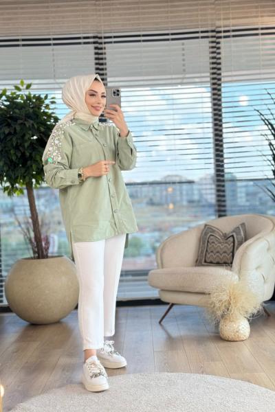 7196 Omuzları Pul Ve İnci İşli Tunik Mint