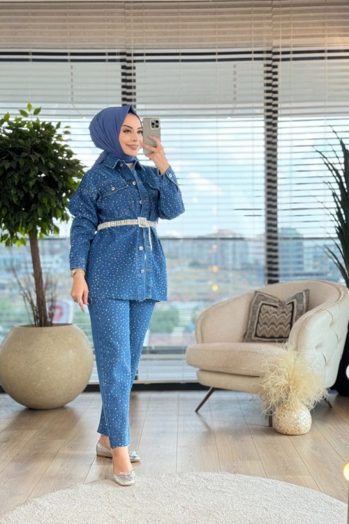 7198 Üstü Taş Baskı Kemerli Kot Takım Koyu Mavi