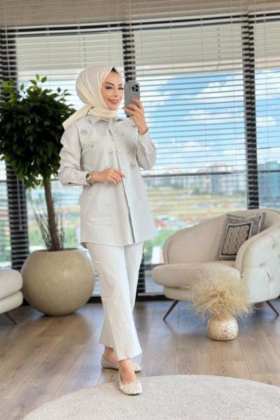 7199 Önü Taş Çiçek İşlemeli Takım Gri