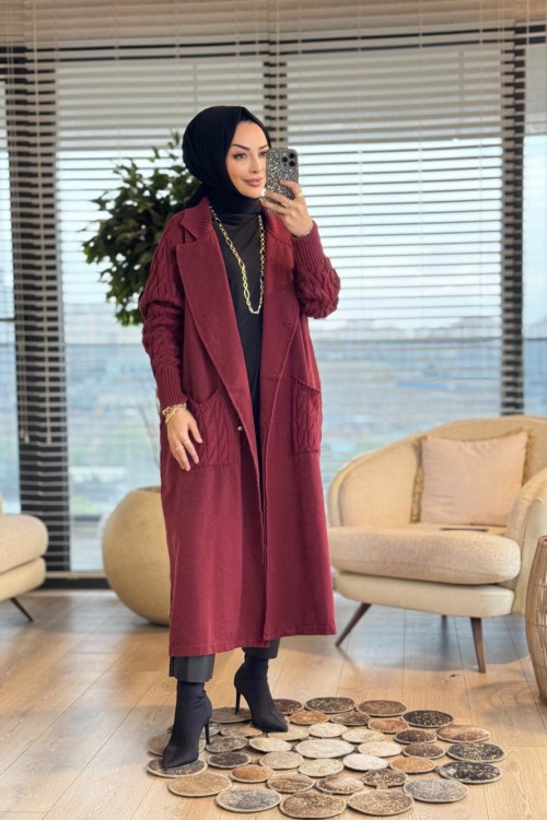 7201 Altı Düğmeli Trikolu İki İplik Kaban Bordo