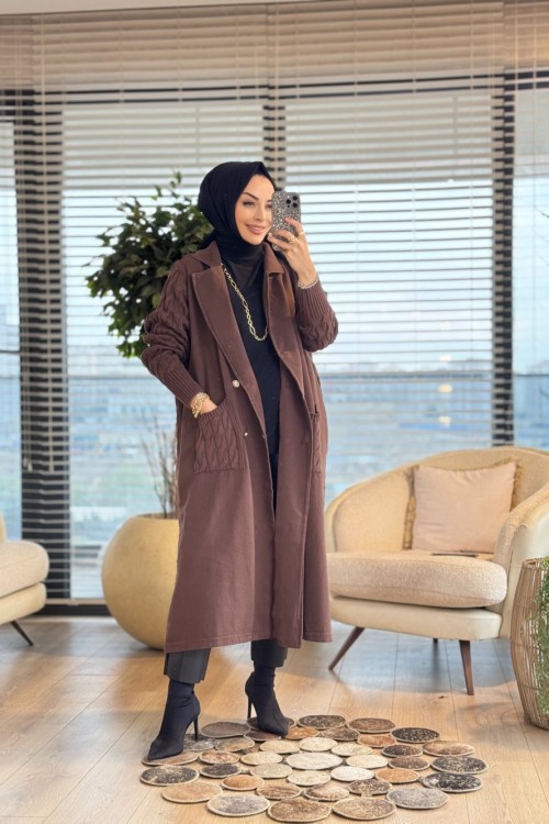 7201 Altı Düğmeli Trikolu İki İplik Kaban Kahve