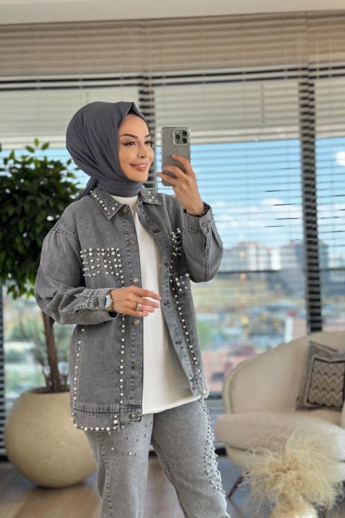 7201 Önü İnci İşli Kot Ceket Antrasit