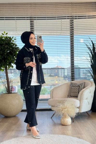 7201 Önü İnci İşli Kot Ceket Siyah