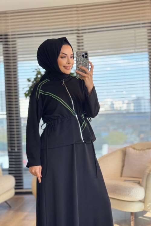 72020 Dikiş Detaylı Fermuarlı Etekli Takım Siyah