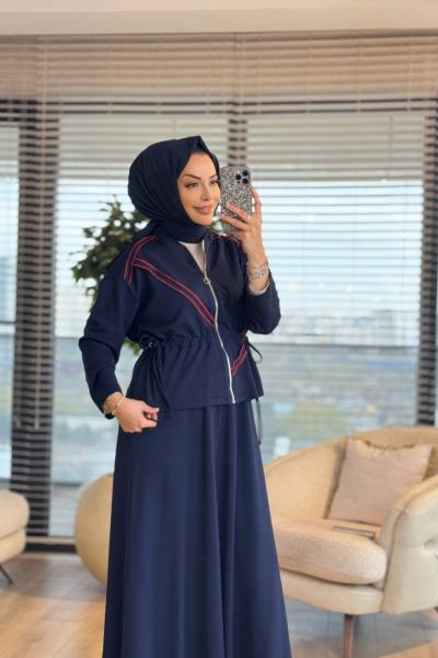 72020 Dikiş Detaylı Fermuarlı Etekli Takım Lacivert