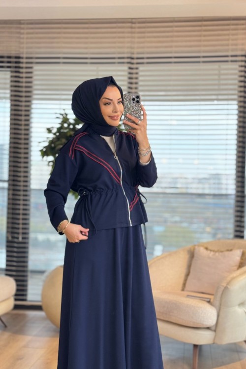 72020 Dikiş Detaylı Fermuarlı Etekli Takım Lacivert