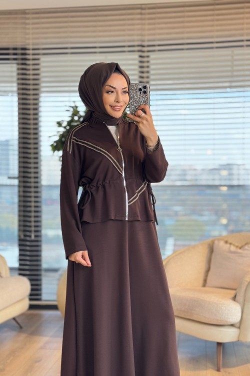 72020 Dikiş Detaylı Fermuarlı Etekli Takım Kahve