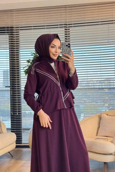 72020 Dikiş Detaylı Fermuarlı Etekli Takım Mürdüm