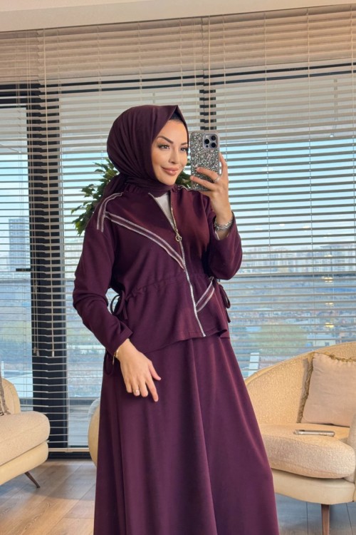 72020 Dikiş Detaylı Fermuarlı Etekli Takım Mürdüm