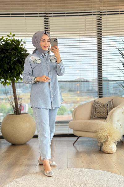 7204 Roba Taş Ve Çiçek Nakışlı Kot Takım Mavi