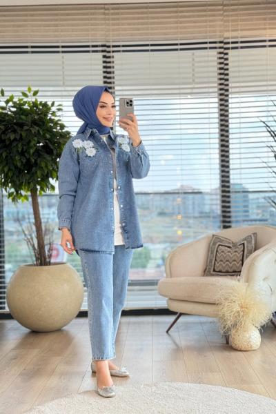 7204 Roba Taş Ve Çiçek Nakışlı Kot Takım Koyu Mavi