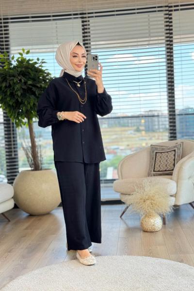 7205 Keten Pantolonlu Takım Siyah