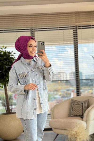7206 Cep Kapaği Taş İşlemeli Kot Ceket Mavi