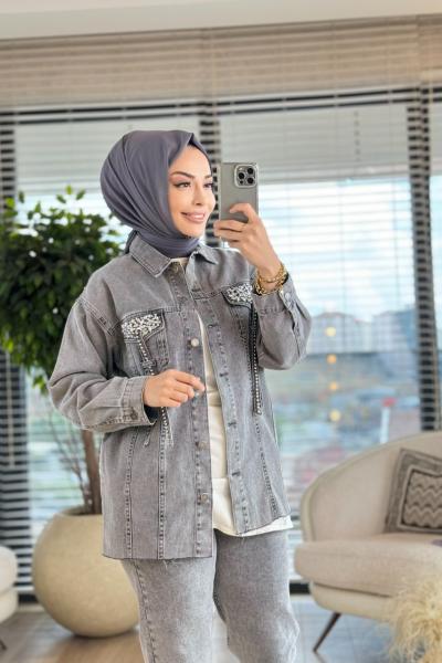 7206 Cep Kapaği Taş İşlemeli Kot Ceket Antrasit