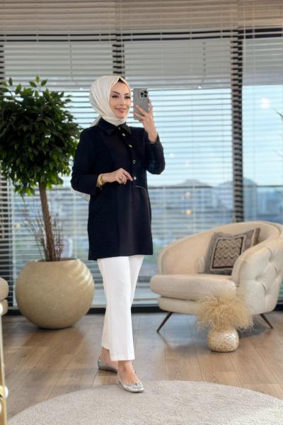 7223 Sağ Taraf Gofre Ve Metal Düğmeli Tunik Siyah