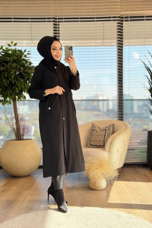 7235 Bel Parça Detaylı Ön Çıtçıtlı Kap Siyah