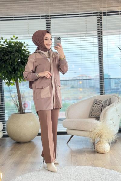 7237 Kapşonlu Deri Parçalı Kısa Kap Bej