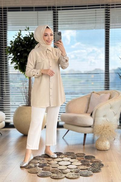 7242 Sağ Omuz Yaprak İnci İşleme Tencel Tunik Ekru