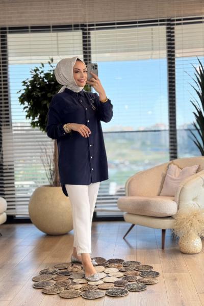 7242 Sağ Omuz Yaprak İnci İşleme Tencel Tunik Koyu Lacivert