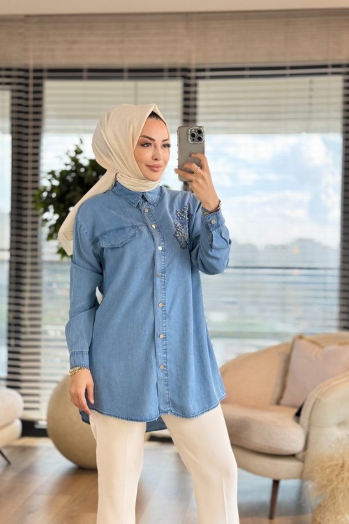 7242 Sağ Omuz Yaprak İnci İşleme Tencel Tunik Mavi