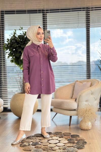7242 Sağ Omuz Yaprak İnci İşleme Tencel Tunik Mürdüm