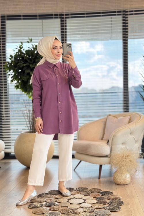 7242 Sağ Omuz Yaprak İnci İşleme Tencel Tunik Mürdüm