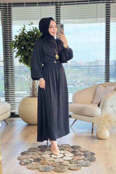 7243 Sol Omuz Pileli Elbise Siyah