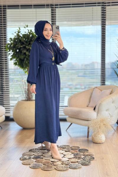 7243 Sol Omuz Pileli Elbise Lacivert