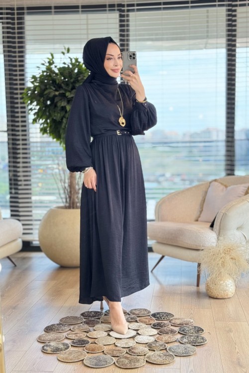 7243 Sol Omuz Pileli Elbise Siyah