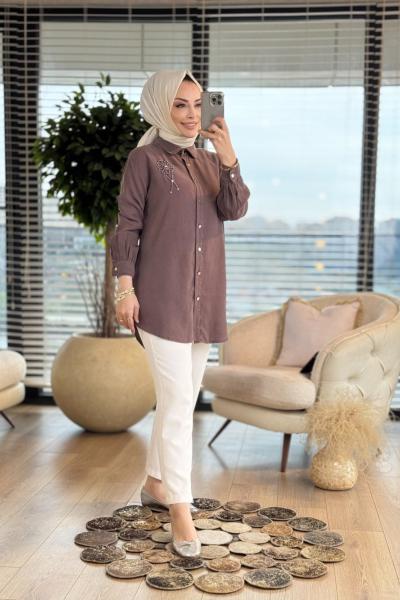 7248 Tencel Sağ Omuz İnci Çiçek İşlemeli Tunik Kahve