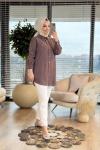 7248 Tencel Sağ Omuz İnci Çiçek İşlemeli Tunik Kahve