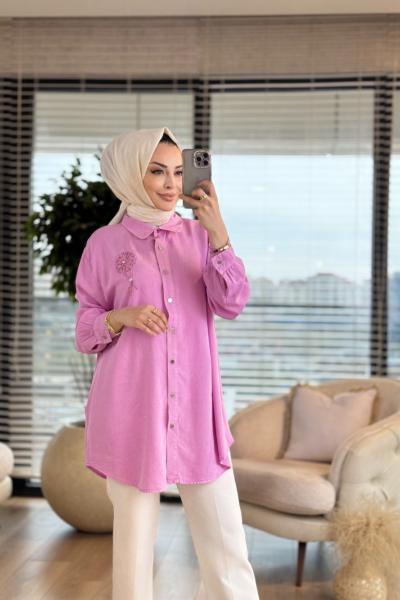 7248 Tencel Sağ Omuz İnci Çiçek İşlemeli Tunik Pembe