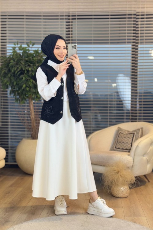 7249 Ön Çiçek Nakışlı Kot Yelek Siyah