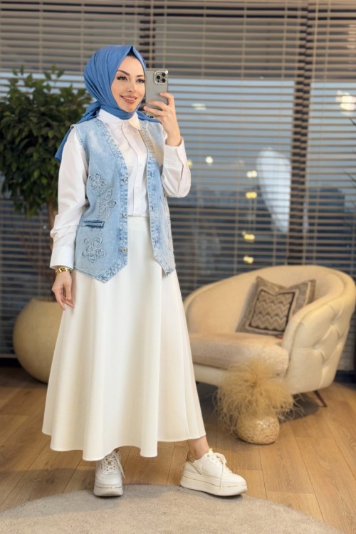 7249 Ön Çiçek Nakışlı Kot Yelek Mavi