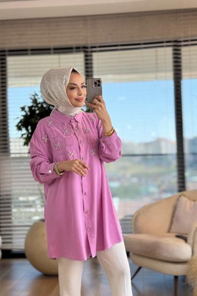 7250 Tencel Roba Kare Parçalı Gömlek Pembe