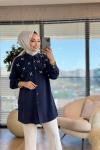 7250 Tencel Roba Kare Parçalı Gömlek Koyu Lacivert