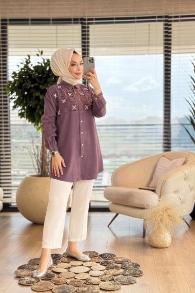 7250 Tencel Roba Kare Parçalı Gömlek Mürdüm