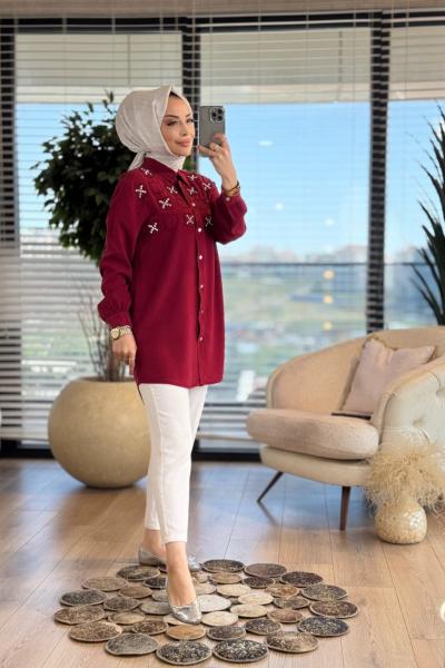 7250 Tencel Roba Kare Parçalı Gömlek Bordo