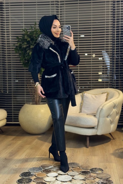 7251 Kürklü Elişi Detaylı Angora Kaban Siyah