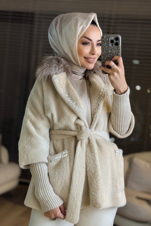 7251 Kürklü Elişi Detaylı Angora Kaban Bej