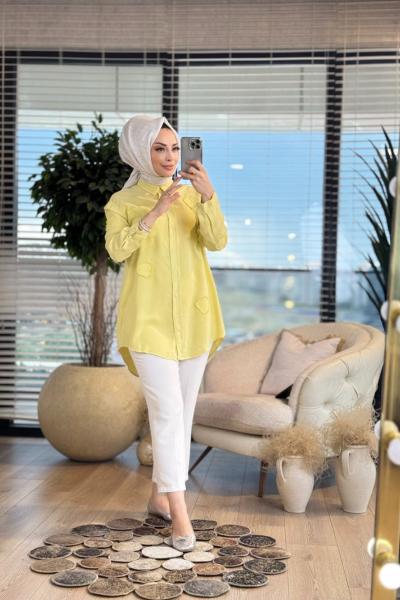7259 Serpme Yelpaze Nakışlı Tencel Gömlek Sarı