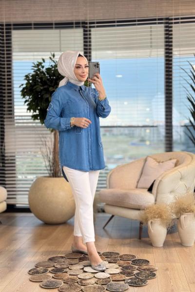 7259 Serpme Yelpaze Nakışlı Tencel Gömlek Açık Mavi