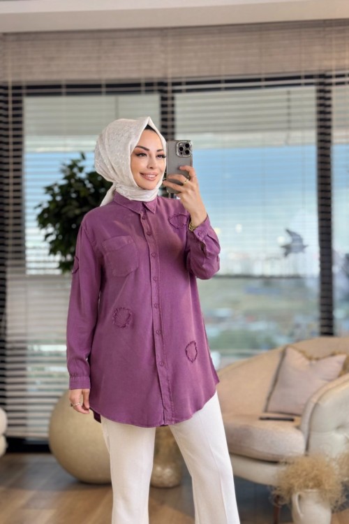 7259 Serpme Yelpaze Nakışlı Tencel Gömlek Mürdüm