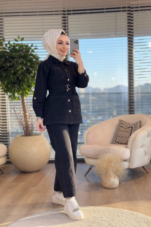 7260 Tencel Önden Düğmeli 3 Cepli Takım Siyah