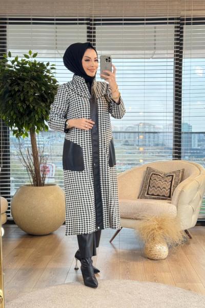 7261 Kazayağı Desen Uzun Hırka Siyah