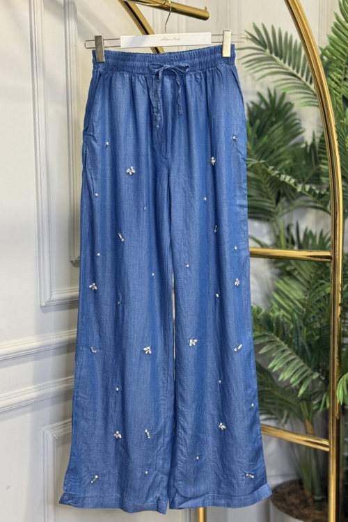 7261 Tencel Önü Taş İşlemeli Pantolon Mavi