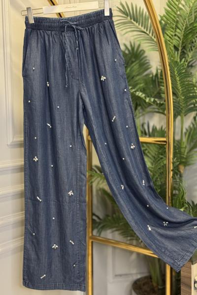 7261 Tencel Önü Taş İşlemeli Pantolon Koyu Mavi